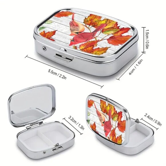 Cardinal Pill Box with Autumn Leaves - Picture 2 of 4